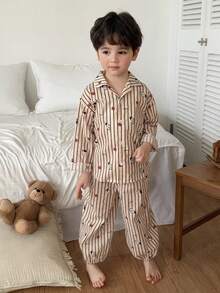 DAZY Young Boy Striped Pattern Long Sleeve Button-Up Top And Pants Pajama Set - Khaki - View 3