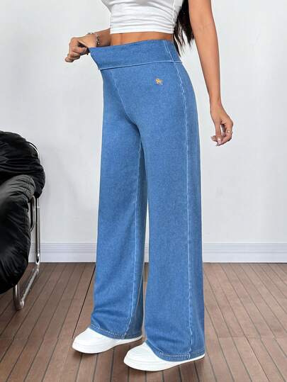 SHEIN PETITE 女士纯色高弹力休闲宽松直筒牛仔裤，夏季