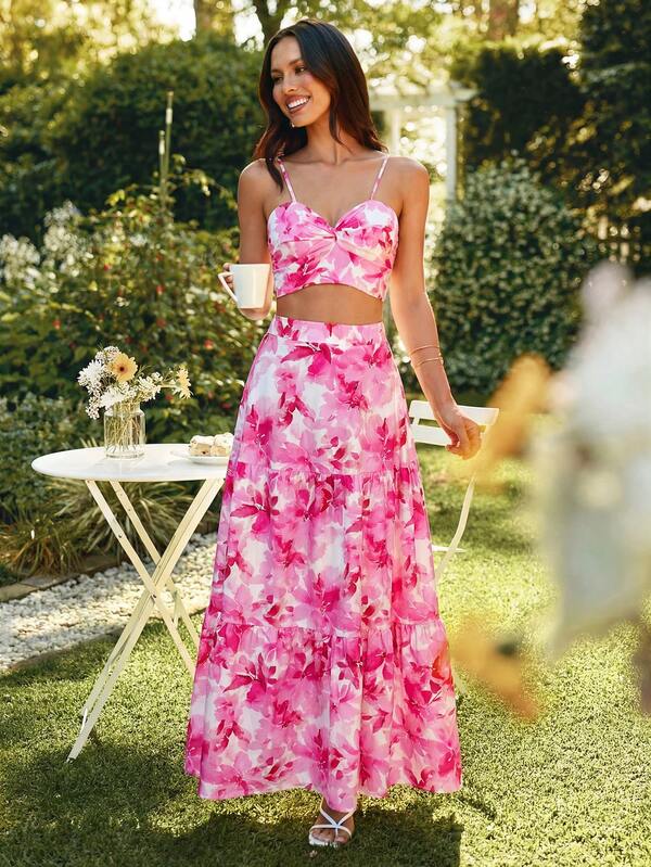 KARISMINA Women's Floral Print Sleeveless Crop Top And Skirt Casual 2-Piece Set Code Clothes For Ladies Discount Discount Code For Woman Dress Zanzea Dress For Women Woman Dress