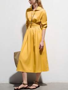 Aveloria Modichic Fashionable Design Sense Elegant Versatile Slimming Waist Solid Color Long Sleeve Dress - Yellow - View 6