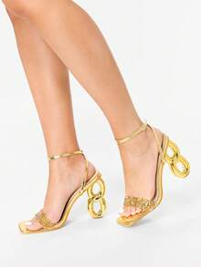 Glitzique 11 厘米女式高跟鞋,夏季踝带新款高跟凉鞋,女士不对称鞋跟金色高跟凉鞋,带玻璃水钻,金属材质尖头性感派对风格鞋 - 金色 - 查看 7