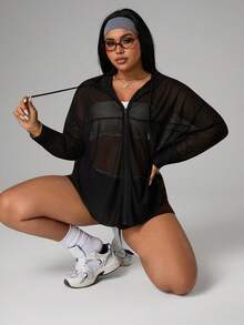 Rhythm Era 大码纯色薄纱提花连帽长袖运动夹克 - 黑色 - 查看 7