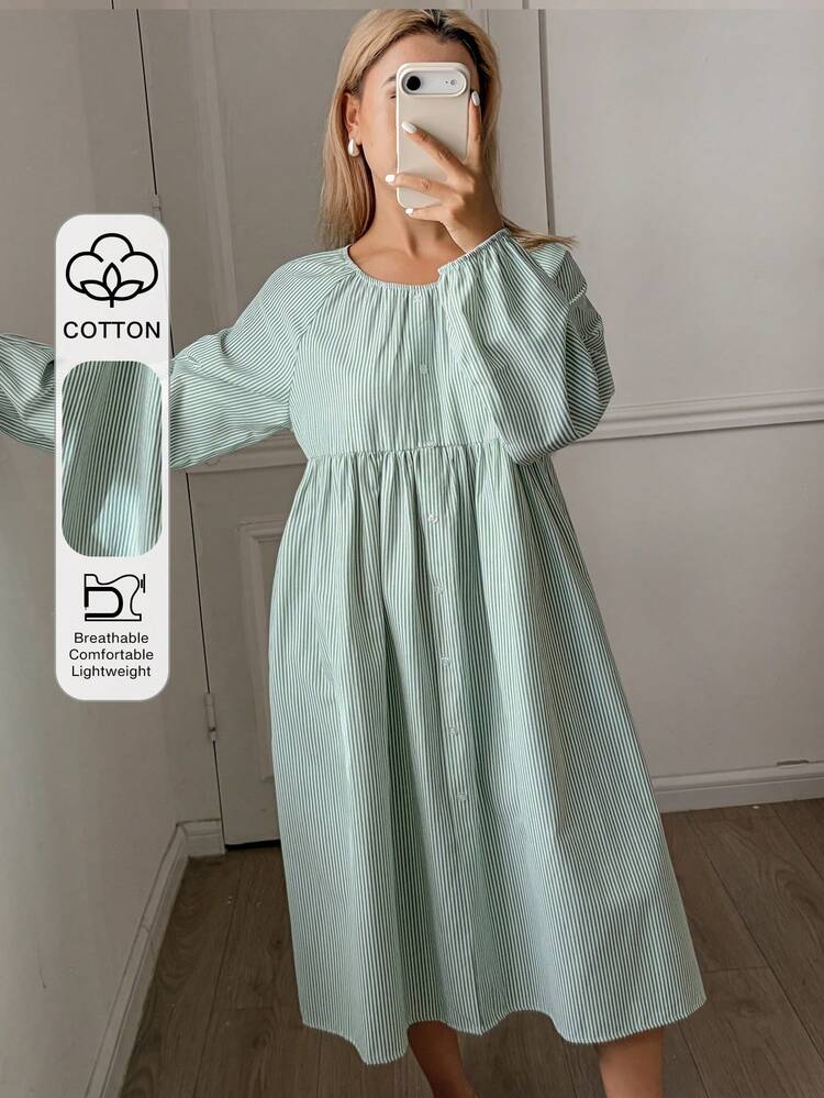 Fresh Green Striped Pleated Collar Loose Lantern Sleeve Women's Nightgown