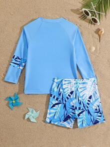 2pcs Boys Swimwear Set,Long Sleeve Surf Graphic Rashguard Top & Palm Leaf Print Swim Trunks,Kids Swim Suit For Summer,Beach,Holiday,Pool Party Outfit - Multicolor - View 2
