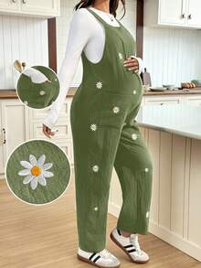SHEIN Pregnant Women Floral Embroidery Pattern Casual Versatile Daily Wear Jumpsuit - Army Green - View 9