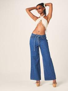 MISSGUIDED Quần jeans nữ ống rộng cạp cao, buộc dây phía trước, kiểu Palazzo, màu xanh cổ điển. - Rửa trung bình - Xem 3