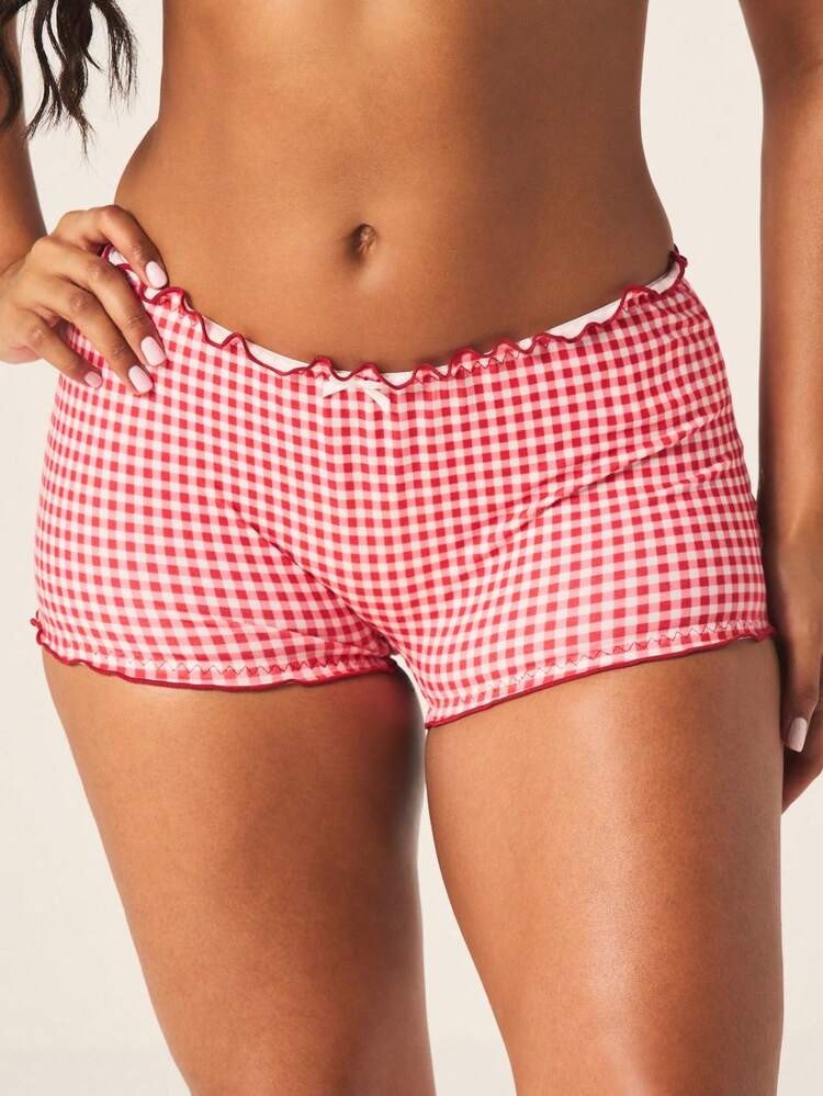 MISSGUIDED Red And White Gingham Check Pattern Boyshort Underwear With Ruffle Trim Detailing And Bow Accent Comfortable Fit Intimate Lingerie