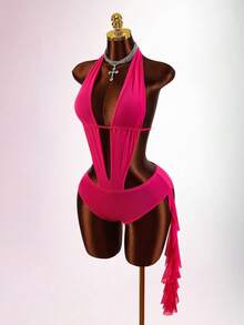 Amplova Bộ jumpsuit nữ 2 món cổ chữ V sâu, bao gồm áo khoác ngoài có viền bèo nhún và lưng hở gợi cảm, màu hồng cánh sen. - Màu Hồng Tươi - Xem 13