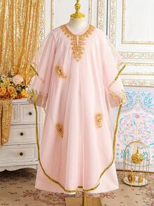 Tween Girls 2 Pieces Middle Eastern Abaya Set, Apricot Long Sleeve Children Clothing, Holiday Outfit - Pink - View 3
