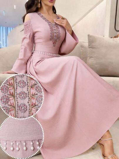 Al Najma 女士优雅V领露肩珍珠装饰流苏长裙