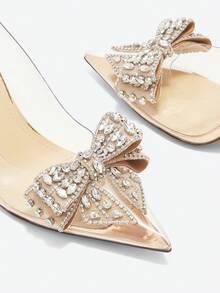 女士高跟鞋尖頭針跟時尚香檳色鞋，帶有蝴蝶和鑽石裝飾 - 香檳色 - 查看 5