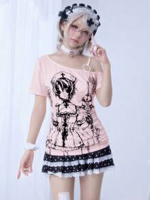 ROMWE Anime Áo thun nữ tay ngắn xếp ly co giãn họa tiết dây leo hoạt hình Millennium - Màu Hồng baby - Xem 7