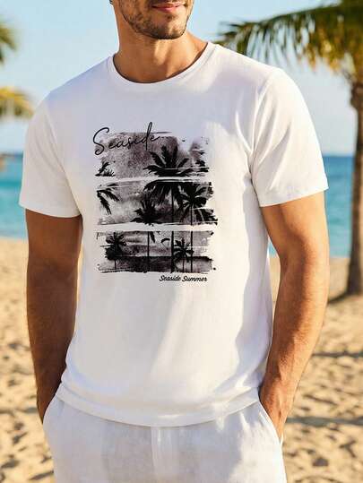 VIVINTIMO 时尚休闲成熟节日涂鸦度假海滩椰子树风景字母组合图形印花标准尺码男士修身短袖T恤，完美适合夏季户外海滩城市度假约会派对必备搭配，适合情侣、家庭、棕榈树T恤沙滩男士
