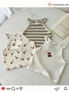THE HAPPY LOOK 3pcs Young Girl Floral Print Knit Camisole Top Set - Multicolor - View 4