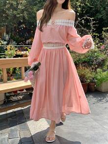DAZY Women's Off Shoulder Long Sleeve Lace Lantern Sleeve Top And High Waist Skirt 2-Piece Set, Lotus Pink Summer - Pink - View 4