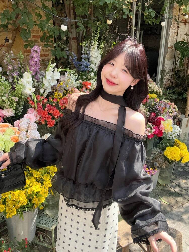 Women's Korean Style Tie-Up Solid Color Blouse, Spring/Summer Off The Shoulder