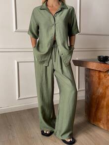 DAZY 女士简约绿色睡衣套装，夏季 - 綠色 - 查看 4