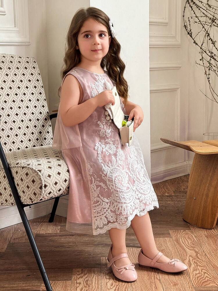 Young Girl Summer Elegant Embroidered Mesh Sleeveless Dress
