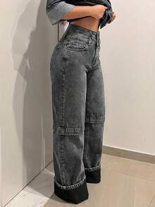 Jeanoix 女士高腰带口袋阔腿宽松休闲百搭牛仔裤 - 灰色 - 查看 5