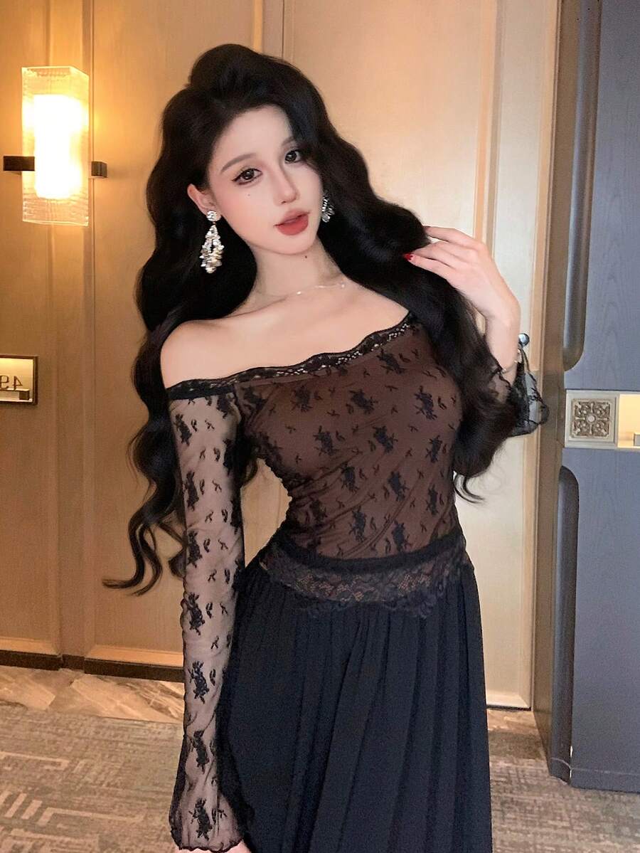 Joudiya Đầm dài tay trễ vai phối ren tương phản thanh lịch dành cho nữ - màu đen - Xem 1