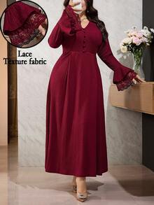 Modelyn Plus Size Lace Cuff Decor Elegant V-Neck Button Waist Midi Dress - Burgundy - View 6