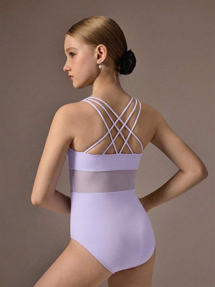 SHEIN 少女无袖黑色体操服，适合学校、芭蕾舞、比赛、儿童舞蹈连体衣、体操运动服 - 紫色 - 查看 1