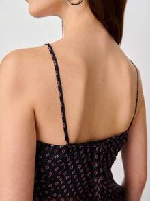 Nöista Black All Over Print Sheer Halter Top With A Beaded On Front, Adjustables Straps, Smock Panel On Backside. Boho, Festival, Summer Easter, Spring. - Black - View 6