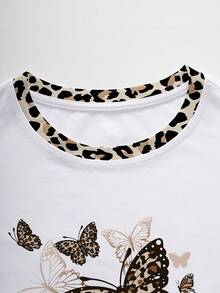 Resyla Camiseta gráfica de mujer con estampado de mariposa, leopardo y rayas en bloques de color, de cuello redondo y manga corta, de estilo casual para el verano - Blanco - Ver 4