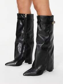 Glitzique Fall/Winter 2025 Spring/Summer New European & American Pointed Toe Tall Boots Women, Slim Fit Straight Leg Shaft Boots, Wedge Heel Riding Boots - Black - View 7