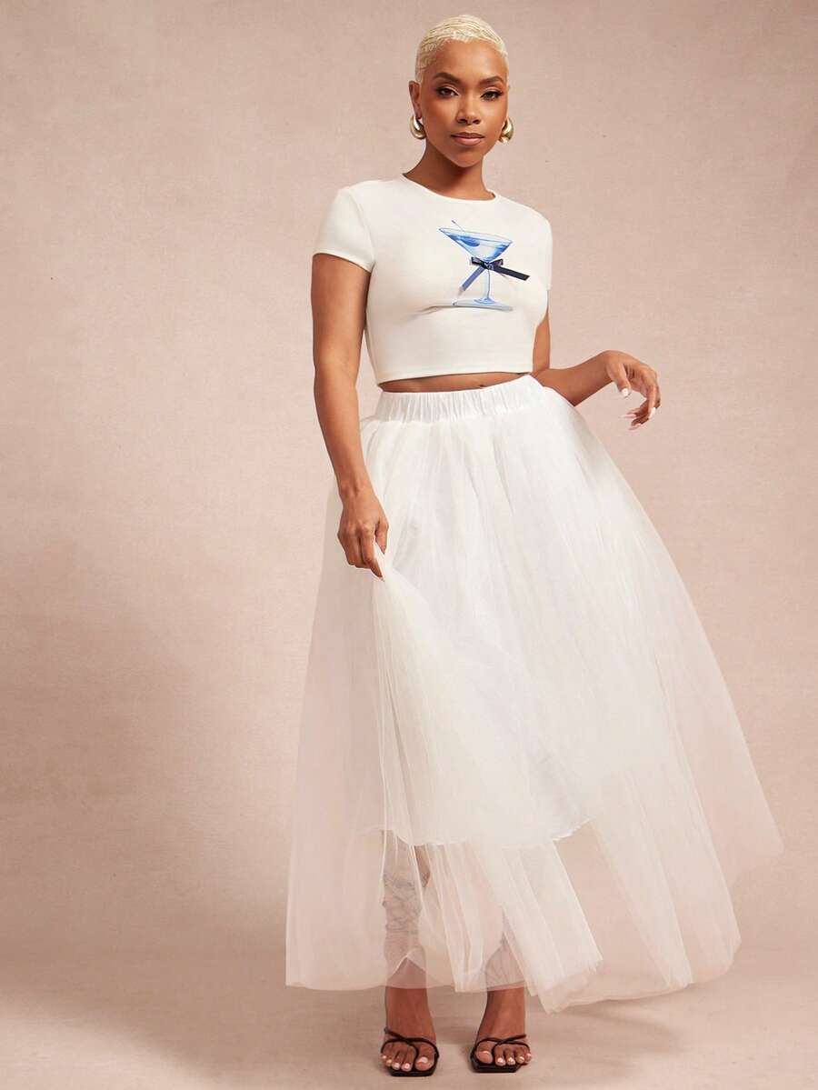 Vixey 黑色双层薄纱网眼中长裙，带塔夫绸衬里 - 白色 - 查看 1