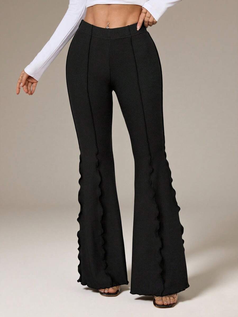 SHEIN PETITE Pantalones acampanados de mujer con borde de lechuga elástico - Negro - Ver 1