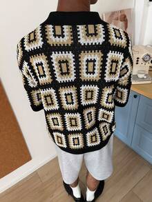 STEELVANCE Men's Geometric Hollow Short Sleeve Casual Polo Shirt - Black and White - View 2