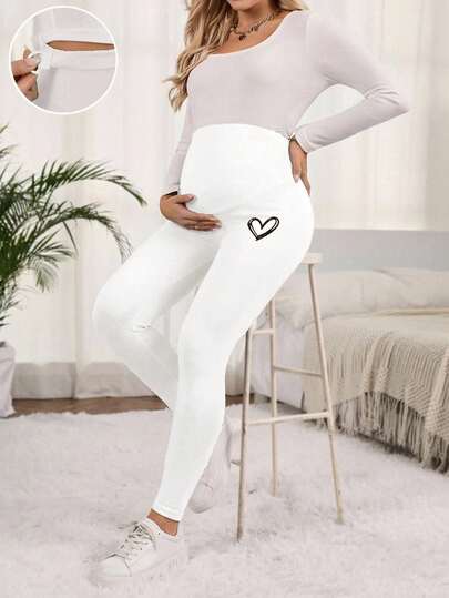 SHEIN 可调节腰围孕妇爱心印花打底裤