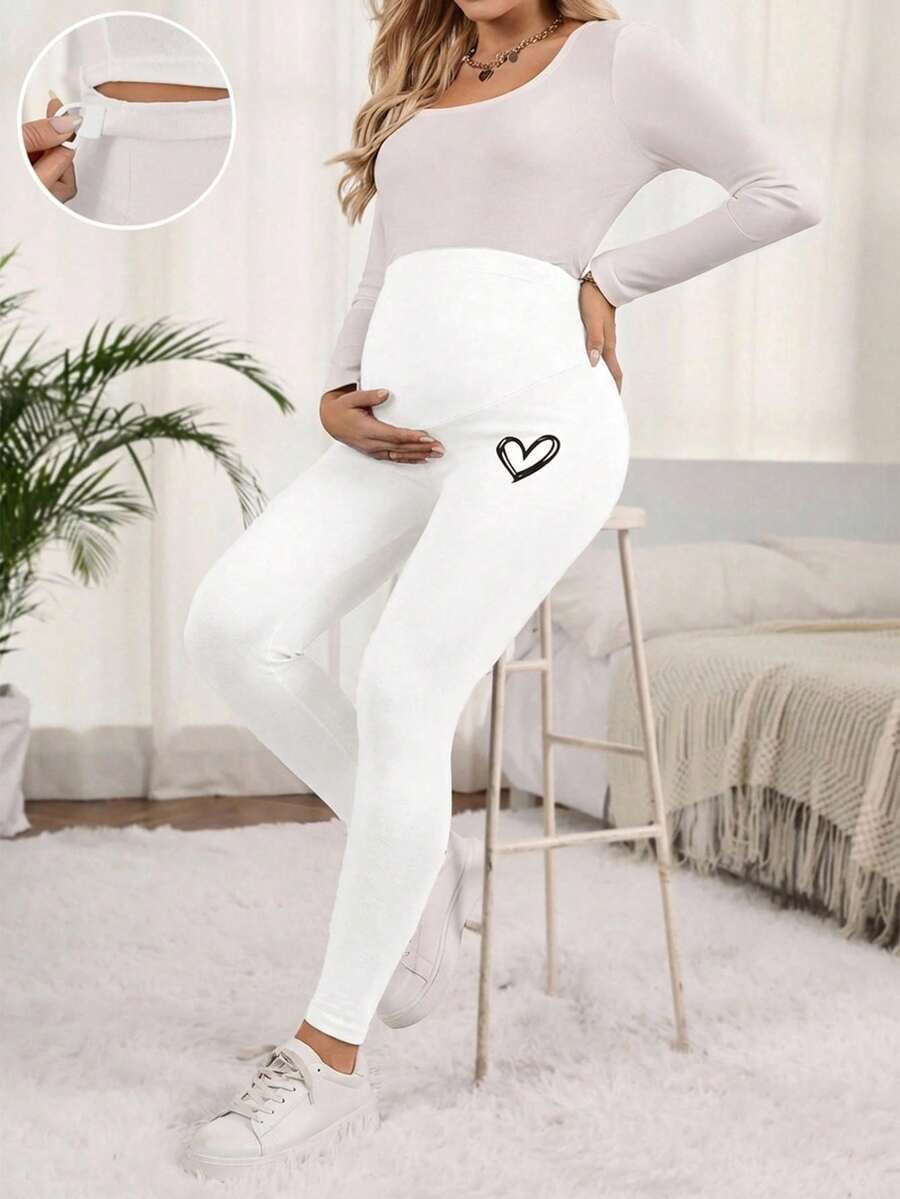SHEIN Adjustable Waist Maternity Heart Print Leggings - White - View 1