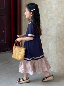 Dazy Kids Young Girls Color Block Korean Style Patchwork Dress Summer Sun Dresses - Pink - View 6