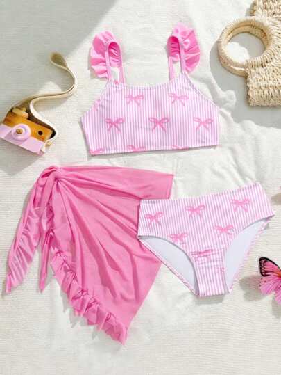 女童三件套比基尼，可爱粉色竖条纹蝴蝶结针织面料肩带纯色荷叶边网纱裙，时尚休闲优雅，适合游泳、夏季度假、海滩、泳池、节日派对