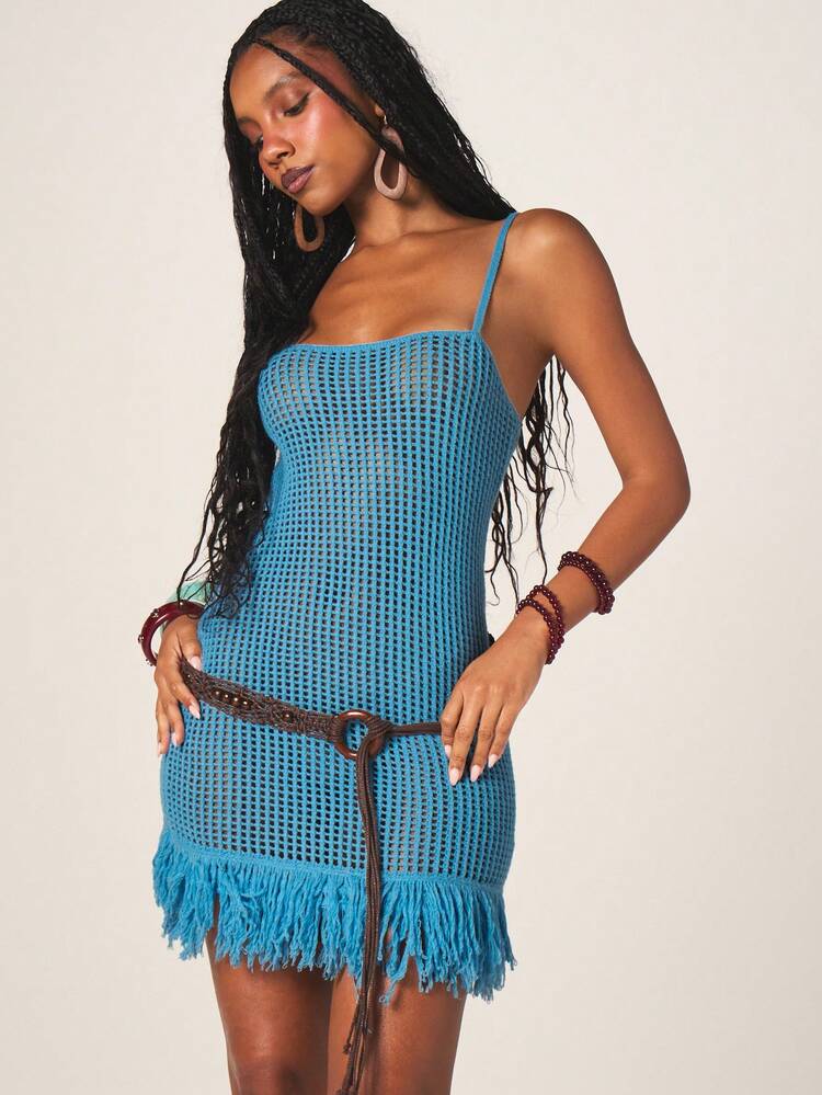 MISSGUIDED Vestido Curto de Crochê e Tricô Turquesa com Detalhe de Barra com Franjas, Alça Fina, Casual para Praia e Férias de Verão