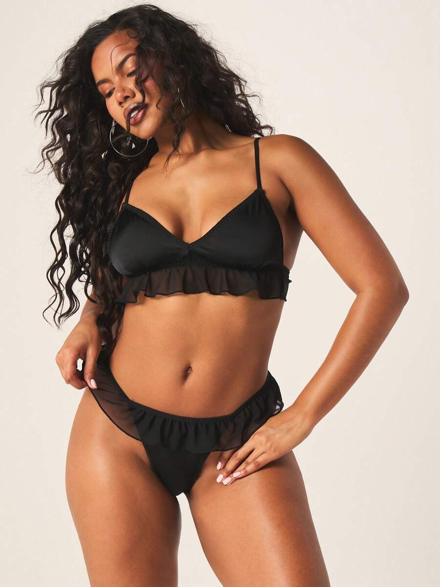 MISSGUIDED Satin Mesh Ruffle Bralette And Panty Set Two Piece Lingerie Delicate Strappy Details Intimate Occasion Elegant V Neck Wire Free Comfortable Everyday Feminine - Black - View 1