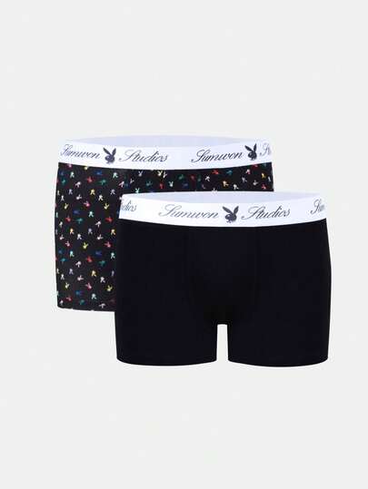 PLAYBOY X SUMWON 2 Pack Men's Colorful Bunny Print Boxer Briefs Black Trunk Underwear Novelty Pattern