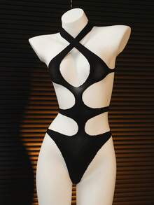 Alluring Nightfall! ChaseTheNight Black Hollow-Out Jumpsuit, Criss-Cross Halter Design, Bold Cutout Silhouette, Creates A Unique Party-Catching Look - Black - View 6
