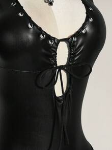 SHEIN ICON 女士时尚性感PU皮革金属吸睛系带露背连体衣 - 黑色 - 查看 6