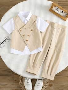 SHEIN 男童绅士套装,卡其色西装背心外套和松紧腰裤,适合生日派对、晚宴、演出、婚礼、迎婴派对、一周岁生日庆祝等场合。 - 卡其色 - 查看 11