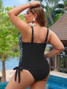 Swim Lushoire Plus Size Women 2pcs Leopard Print Tankini Swimwear, Adjustable Strap & Tummy Control, Suitable For Beach & Holiday - Multicolor - View 2