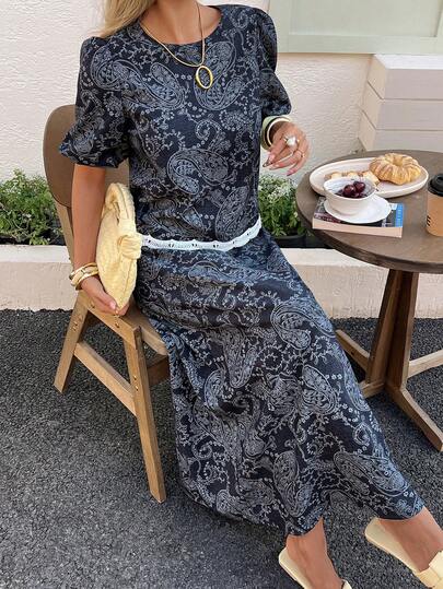 DAZY Women's Summer Casual Floral Lace Patchwork Round Neck Petal Sleeve Top And Denim Skirt 2-Piece Set