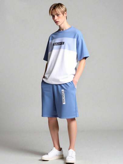 Vacaura 2pcs/Set Casual Contrast Color Patchwork Letter Print T-Shirt Set For Teenage Boys, Suitable For Daily, Commute, Leisure, School, Sports Wear