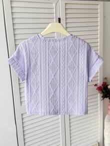 SHEIN Tween Girls' Casual Elegant Rhinestone Handmade 3D Floral Decor Round Neck Raglan Sleeve Textured Loose Knit T-Shirt Lilac Girls Top Girls Flower Shirt Textured Jacquard Sweater Short Sleeve,Kids - Mauve Purple - View 2