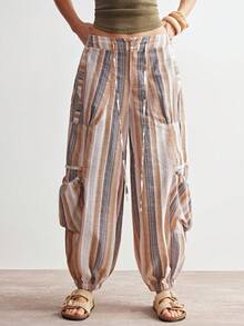 Bohemela Boho Spring/Summer Casual Woven Striped Loose Women's Long Pants, Vintage Stripes, Valentine's Day Outfit, Women's Vacation Outfit, Western Country–Style Music Festival Outfit, Women's Holiday Outfit, Beach Vacation Outfit, Back-To-School Outfit, Summer Women's Shirt, Carnival Costume, Women's Spring & Summer Outfit - Khaki - View 1