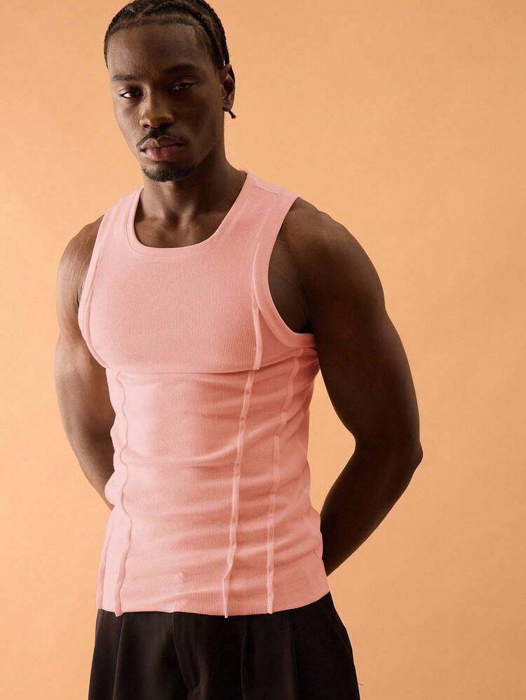 Musero Men Round Neck Seam Detail Tight Ribbed Tank Top Autumn