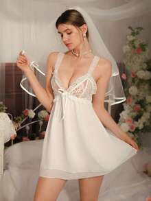 Sexy Lace Chiffon Slip Dress For Women - White - View 3
