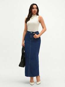 RueChic High Waist Slant Pocket Denim Skirt - Medium Wash - View 6